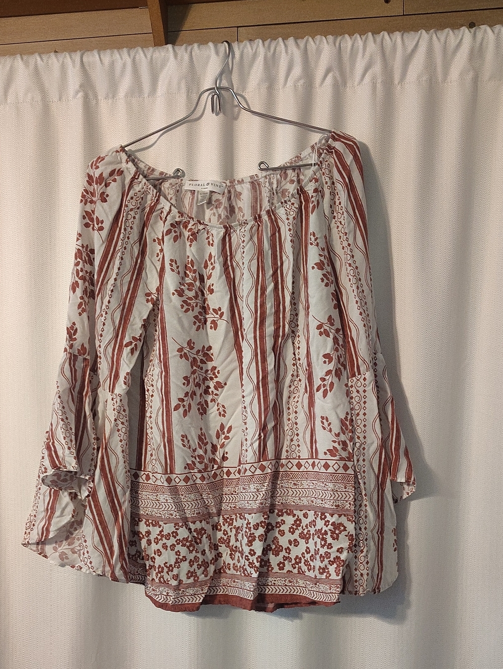 Spense White and Rust Floral Stripe Peasant Top